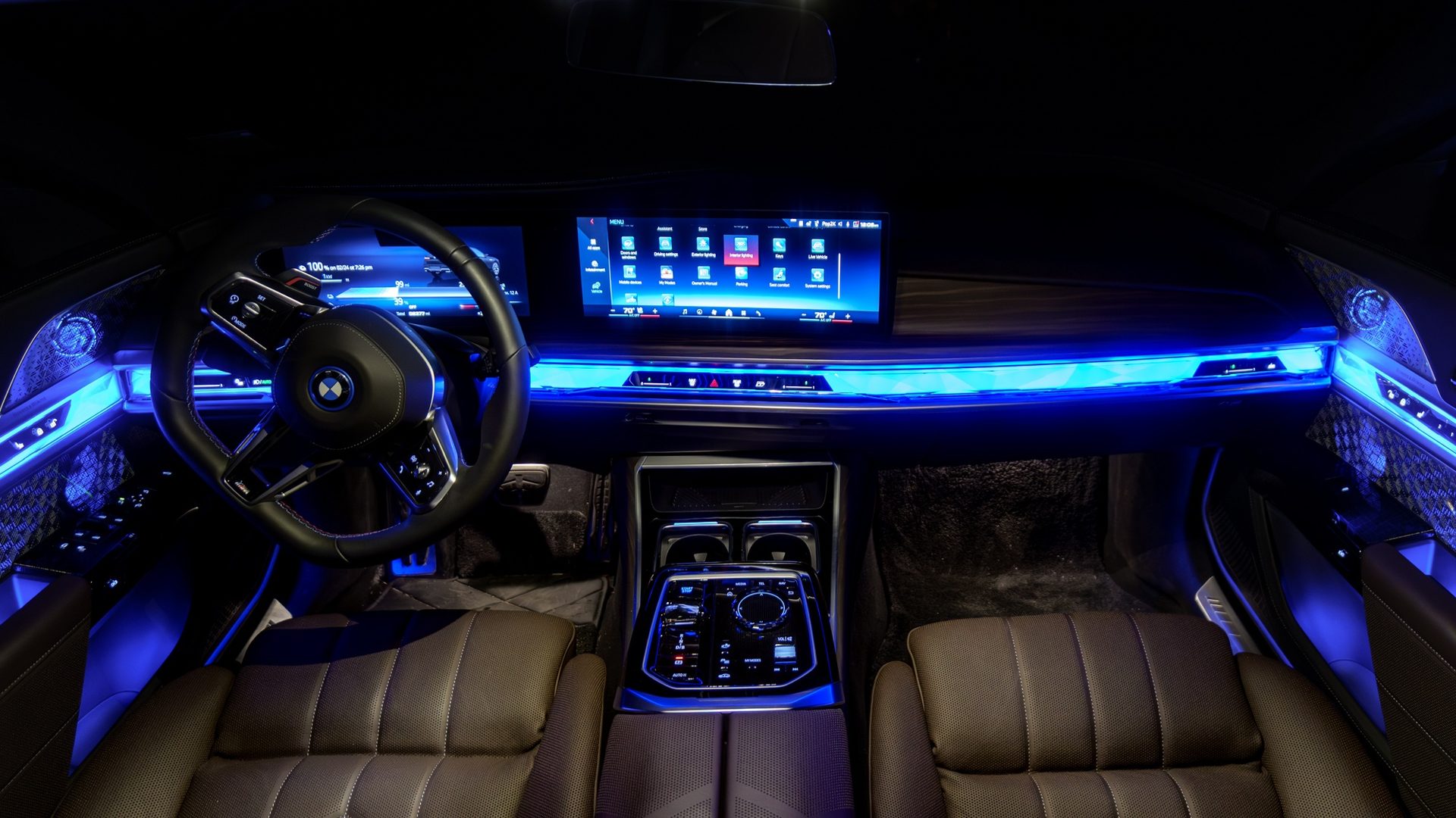 BMW i7 xDrive60 luxury sedan interior with Theatre Screen and massage seating