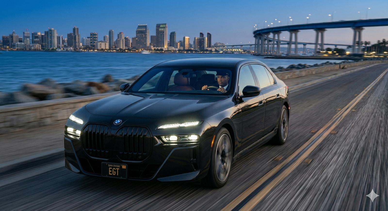 BMW i7 and Rivian R1S parked at Marriott Marquis San Diego — Elite Green Transportation luxury airport car service