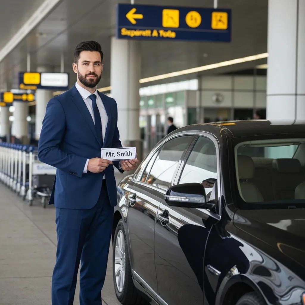 EGT chauffeur with meet and greet sign at airport