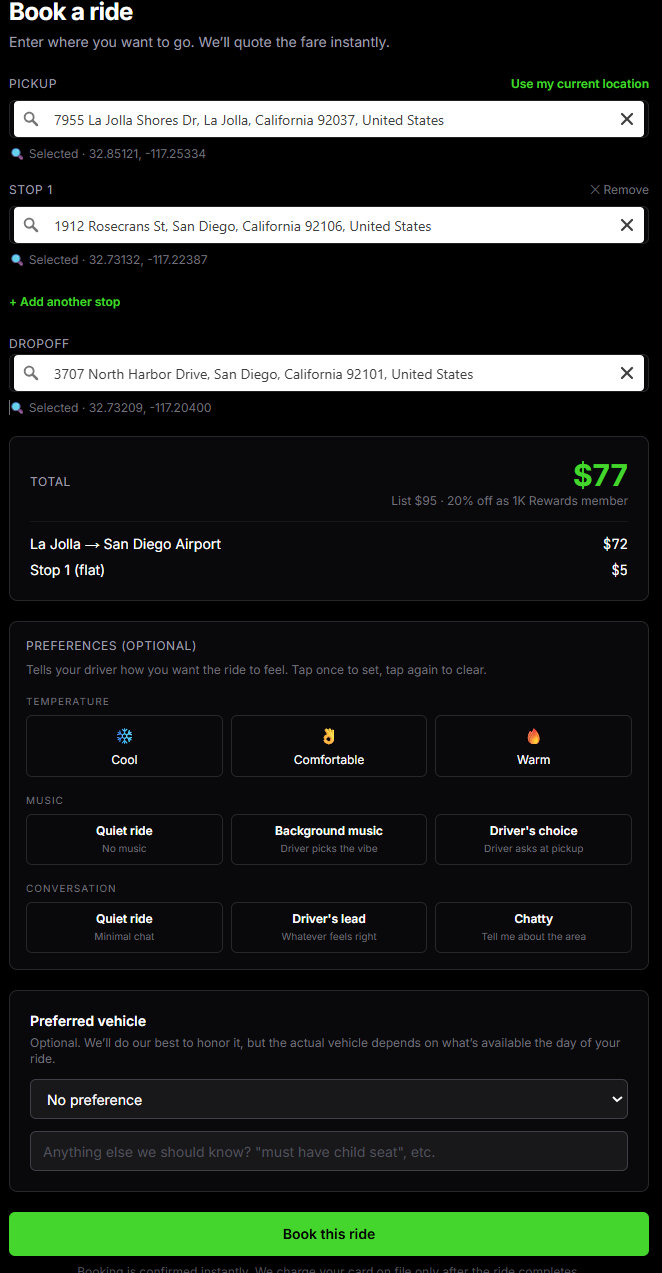 EGT Reserve book a ride screen — pickup, multi-stop, dropoff with instant flat-rate quote $77 (List $95, 20% off as 1K Rewards member), ride preferences for temperature, music, conversation, preferred vehicle