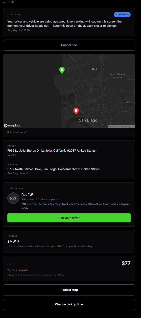 EGT Reserve confirmed ride screen — live tracking map, named driver Raef W. with credentials, BMW i7 vehicle named with amenities, confirmed fare $77, in-app actions to add stop, change pickup time, cancel ride