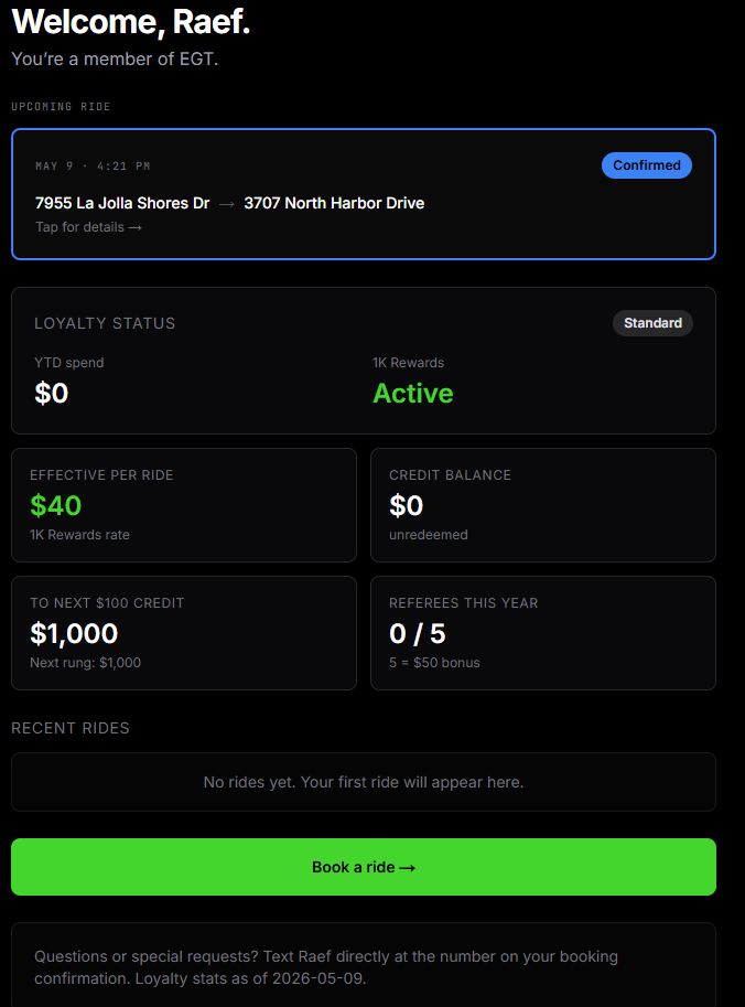 EGT Reserve home screen with active upcoming ride banner — May 9 4:21 PM La Jolla Shores to Harbor Drive, Confirmed status, full loyalty dashboard below