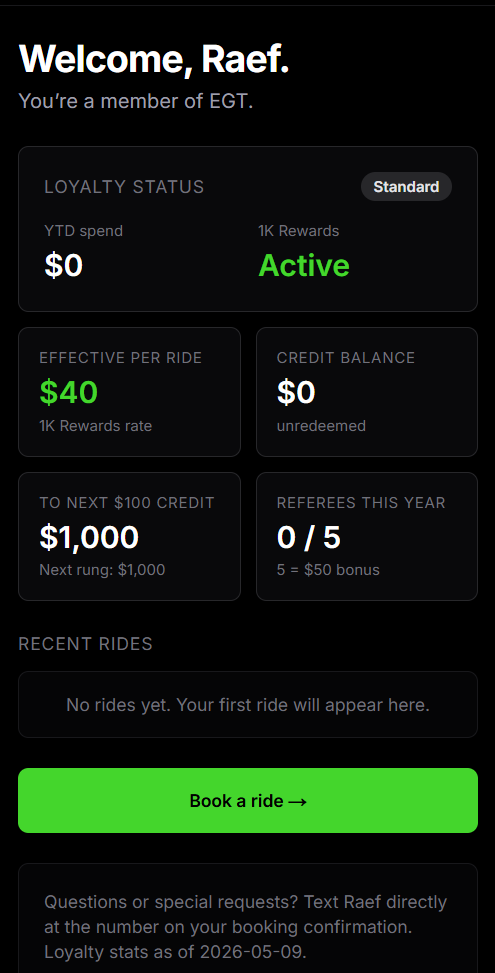 EGT Reserve home screen — Welcome, Raef. Loyalty status, YTD spend, 1K Rewards Active, effective $40 per ride, credit balance, referees this year, recent rides