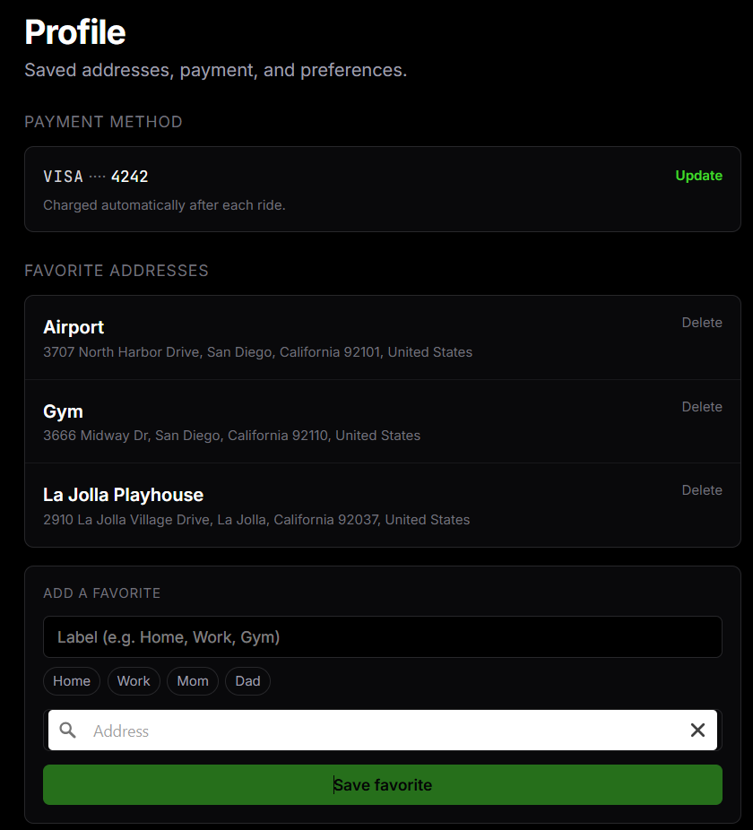 EGT Reserve profile screen — saved payment method Visa ending 4242, favorite addresses (Airport, Gym, La Jolla Playhouse), quick-add chips (Home, Work, Mom, Dad), add a favorite form